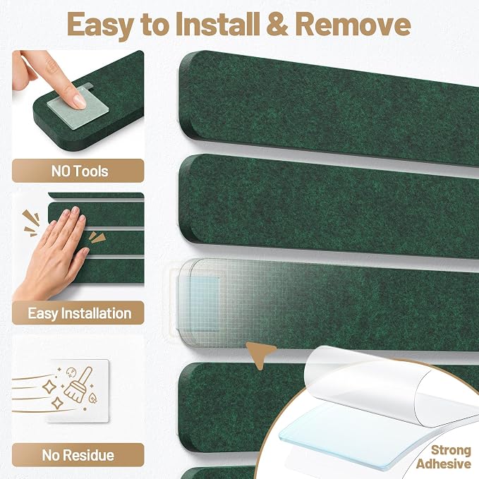 10 Pack 13"x2" Cork Board Strip with Removable Adhesive Squares & Push Pins | Pin Board Alternative Felt Strip Bulletin Board, Felt Board for Photo & Note Display, Home Office Decor - Pine Green