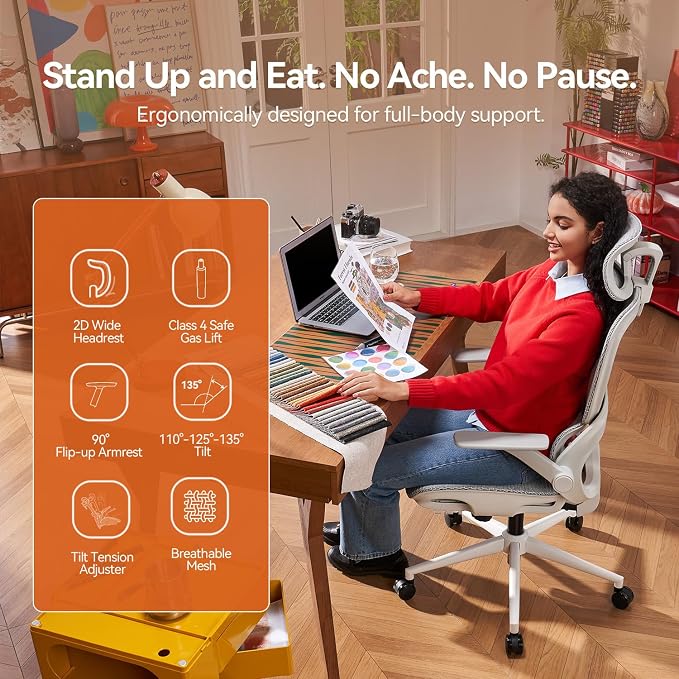 SIHOO B100 Mesh Ergonomic Office Chair with Adaptive Lumbar Support | Desk Chair with Wide Headrest, Flip-up Armrests, Swivel Desk Chair for Long Hours, Grey