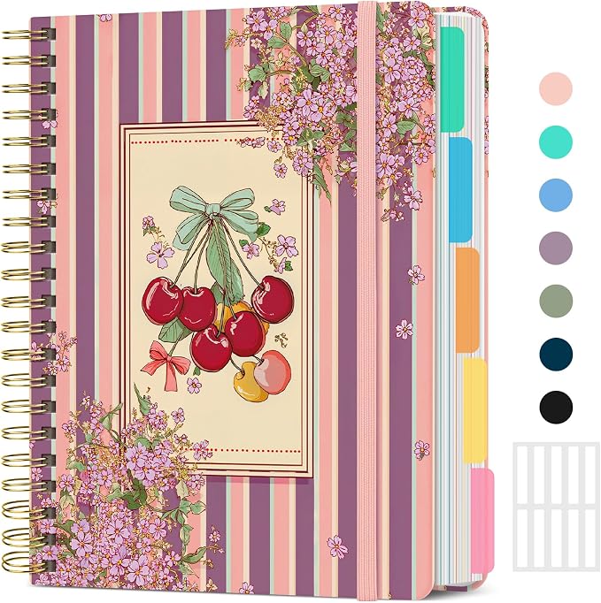Spiral Notebooks for Work 5 Subject Notebook with Removable Dividers | Aesthetic Hardcover Journal for Women 8.5" x 11" College Ruled 280 Pages Journal for School & Note Taking, Cherry Reverie