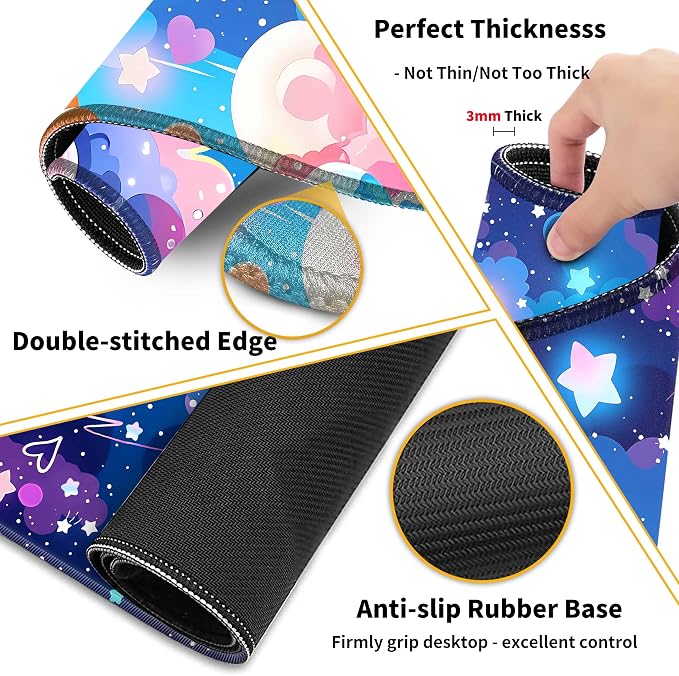 Large Mouse Pad Set 35.4 x 15.7 with Keyboard Wrist Rest, Wrist Support, and Coaster, Waterproof Memory Foam Smooth Desk Pad Mousepad for Home Office School - Pastel Rainbow Star