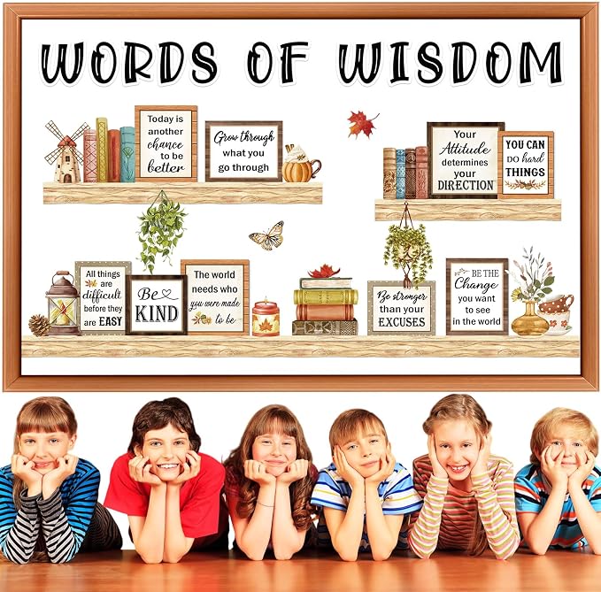 Qilery Bookshelf Bulletin Board Set, Motivational Words of Wisdom Cutouts | Rustic Boho Library Reading Nook Wall Posters, Inspirational Teacher Supplies for Back to School Classroom Decor