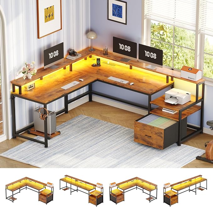 SEDETA 66" Reversible L Shaped Office Desk with Power Outlet, File Drawer | Home Office Computer Desk with Monitor Shelf, Storage Shelves, LED Lights, Rustic Brown for Corner Small Spaces