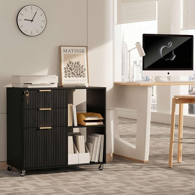 3 Drawer Fluted Mobile Filing Cabinet with Lock, Lateral Rolling Under Desk File Cabinet, Wooden Printer Stand Table for Home Office Essentials Storage Organization Furniture Letters/A4(Black)