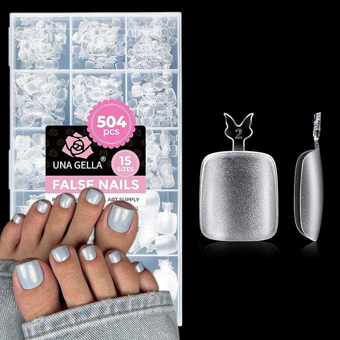 UNA GELLA Toe Nail Tips 504Pcs - Full Cover Matte Squavol Toe Nails Soft Gel Pre-file Gel Toe Nail Tips For Toe Nail Extensions Home DIY Nail Salon Soak Off 15 Sizes