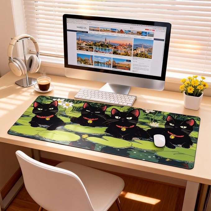 Cute Anime Black Cat Gaming Mouse Pad, Forest Green Anime Desk Mat with Anti-Slip Base & Stitched Edges, Office & Home Desk Decor for Women, 35.4" x 15.7" in Computer Desktop Mat