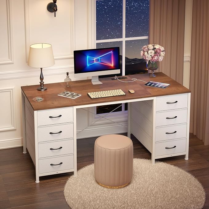 50 Inch Computer Desk with 8 Drawers for Home Office, Bedroom, Living Room | Home Office Desk with Power Outlets, Work Study Gaming Desk with 8 Fabric Drawers, Brown & White
