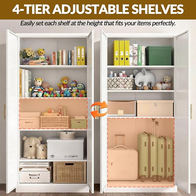 BESFUR 71" Tall White Kitchen Pantry Cabinet, Metal Food Storage Cabinet with 4 Adjustable Shelves, Freestanding Cupboard with Doors for Kitchen, Dining Room, Living Room, Bathroom, Laundry Room