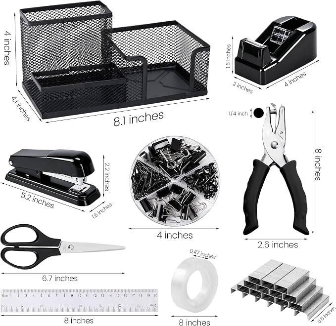 Black Office Desk Accessories, 9 Pcs Desk Organizers and Accessories with Mesh Pen Holder, Stapler, Tape Dispenser, Hole Punch, Office Supplies Set for Office Home School Women Students Gift