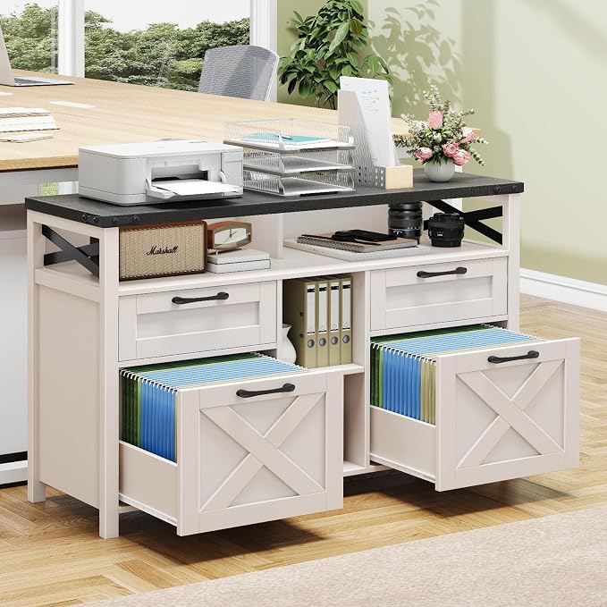 Halitaa File Cabinet with Open Storage Shelf for Home Office, Black | Farmhouse, Lateral Filing Organization Storage Cabinets, 4 Drawers, Adjustable Shelf, Hanging Files Letter/A4