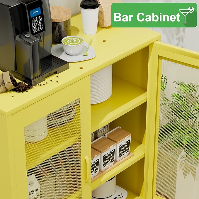 Chshin Metal Locker Storage Cabinet with 2 Mesh Doors and Adjustable Shelves,Yellow Metal Locker Cabinets,Coffee Bar Cabinet,Kitchen Pantry Storage Cabinets for Home,Sideboard,Office(40" H)