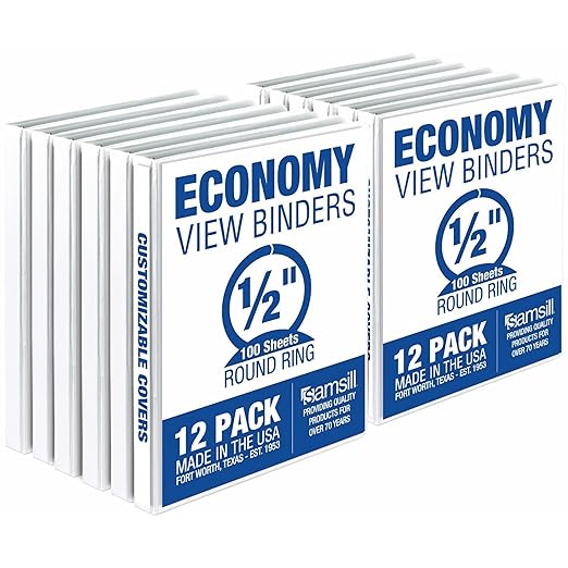 Samsill 0.5 Inch 3 Ring Binder, Economy Round Ring, Clear View Cover, 100 Sheet Capacity - for School, Home, Office - White, 12 Pack