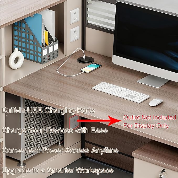 Modern Office Workstation Desk with Side Storage Cabinet, Tempered Glass Privacy Panels, USB Charging Hub & Cable Management, Modular Cubicle Desk for Office Work (D - Left, 2P-A)