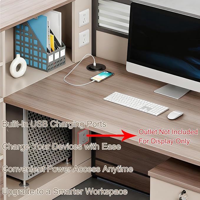 Modern Office Workstation Desk with Side Storage Cabinet, Tempered Glass Privacy Panels, USB Charging Hub & Cable Management, Modular Cubicle Desk for Office Work (C - Left, 4P-A)