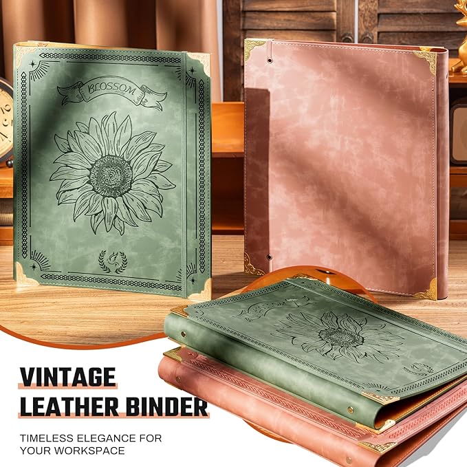 Sunflower PU Leather 3 Ring Binder 1 Inch Round Ring Binder Holds 200 Sheets 8.5"x11" Letter Size Paper, Wedding Family History Notebook Cover Loose Leaf Organizer, Green