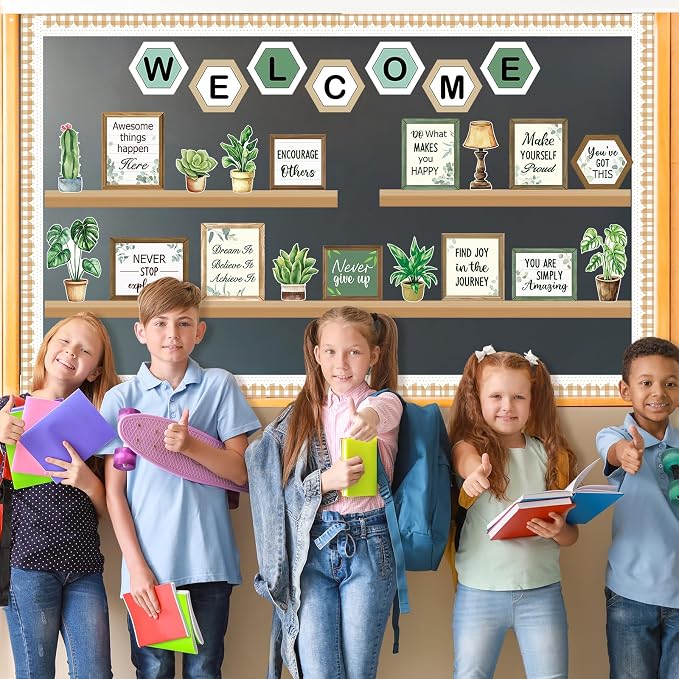55Pcs Welcome Back to School Bulletin Board Decorations Set, Greenery Plant Bookshelf Inspirational Classroom Decorations, Welcome Affirmation Cutouts for Wall Door Classroom Office Elementary Middle