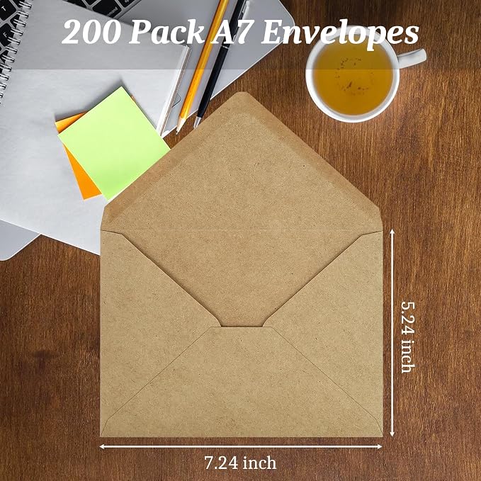 200 Pack A7 Envelopes, Kraft Greeting Card Envelopes Self Seal, 5.24 x 7.24 in Envelopes for Birthday Graduation Baby Shower Wedding Invitation Cards