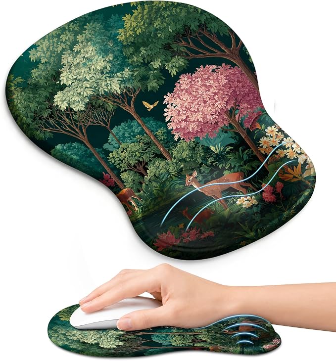 Ergonomic Mouse Pad with Wrist Rest, Gel Wrist Support, Forest | 10.2 x 7.6 in Mouse Pad with Smooth Fabric Surface and Non-Slip Rubber Base for Office, Home, Study, and Gaming