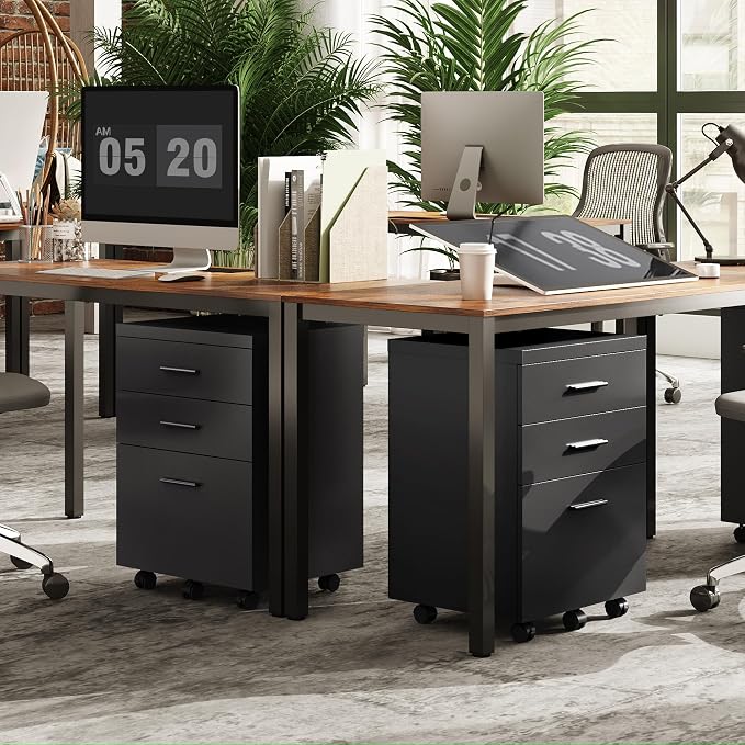 DEVAISE 3 Drawer File Cabinet, Wood Under Desk Filing Cabinet, Black | Rolling Printer Stand, Small Storage Cabinet with Wheels, Fits Legal/Letter/A4 Size, Home Office