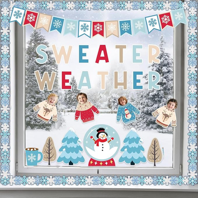 95Pcs Winter Bulletin Board Decoration Set Christmas Sweater Weather Classroom Decoration Kit Snowmen Snowflake Border DIY Photo for Home School Office Wall Door (Sweater)