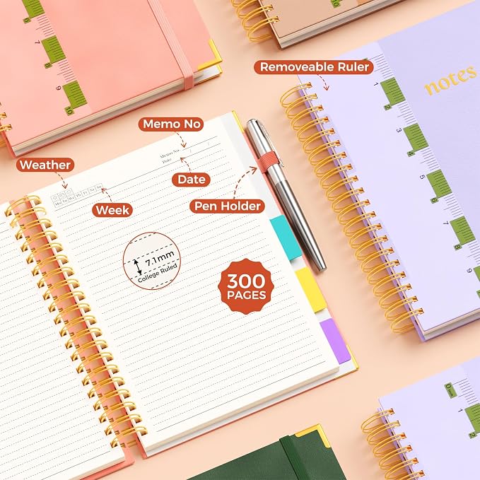 XYark A4 Hardcover Spiral Notebook, 8.5"x11" College Ruled Notebooks with Removable Dividers Tabs & Ruler, 5 Subject Notebook 300 Pages, Large Lined Journal for Women School Work Office, Light Purple