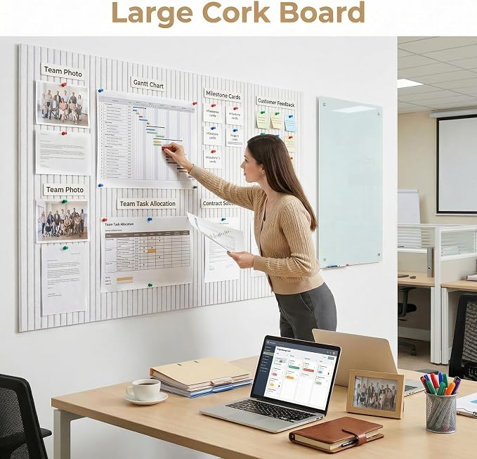 Felt Bulletin Board 48" x 36", Cork Boards for Walls, 12 Pack Bulletin Board Large Cork Board for Office, Felt Boards with 70 Safe Removable Adhesive Tabs Wall Decor for Home(White)