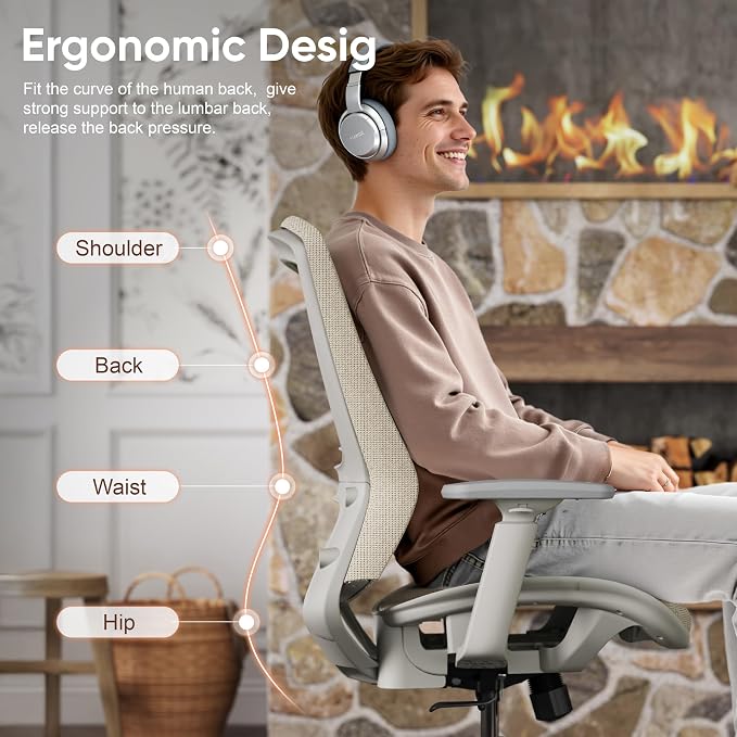 Mesh Office Chair,Ergonomic Computer Desk Chair,Sturdy Task Chair- Adjustable Lumbar Support & Armrests,Tilt Function,Comfort Wide Seat,Swivel Home Office Chair (Beige)