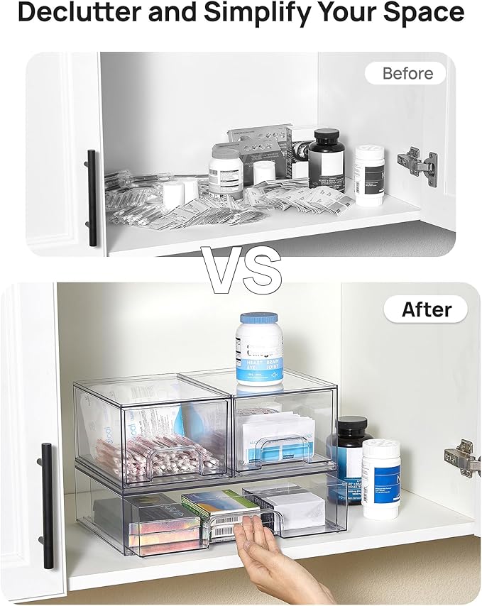 Vtopmart Clear Stackable Storage Drawers Set of 4, Plastic Organizer Bins | Multi-purpose Boxes for Bathroom Accessories, Beauty Supplies, Ideal for Cabinet, Shelf, Pantry, Laundry Room Organization