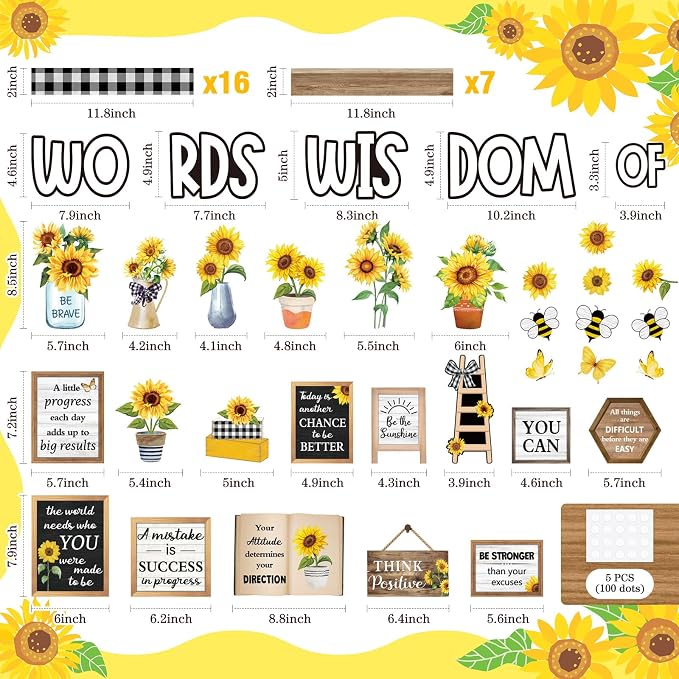 Mooliwe 57 Pcs Sunflower Bulletin Board Set, Classroom Decor | Inspirational Quotes Cutouts with Bee Butterfly Accents, Back to School Wall Decor for Teacher Office, Positive Classroom