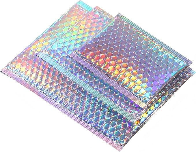 50 Pieces Bubble Mailers 3 Sizes Self Seal Adhesive Poly Mailers Metallic Foil Glitter Padded Shipping Bubble Envelopes for Valentine Mailing Packing Small Business (Rainbow Color)