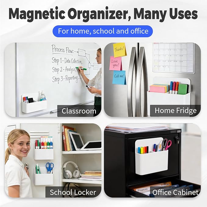 2 Pack Magnetic Pen Holder for Refrigerator & Whiteboard, Full-Back Magnet Dry Erase Marker Holder with Adjustable Divider, Magnetic Marker Holder for White Board Office Desk Locker Accessories, White
