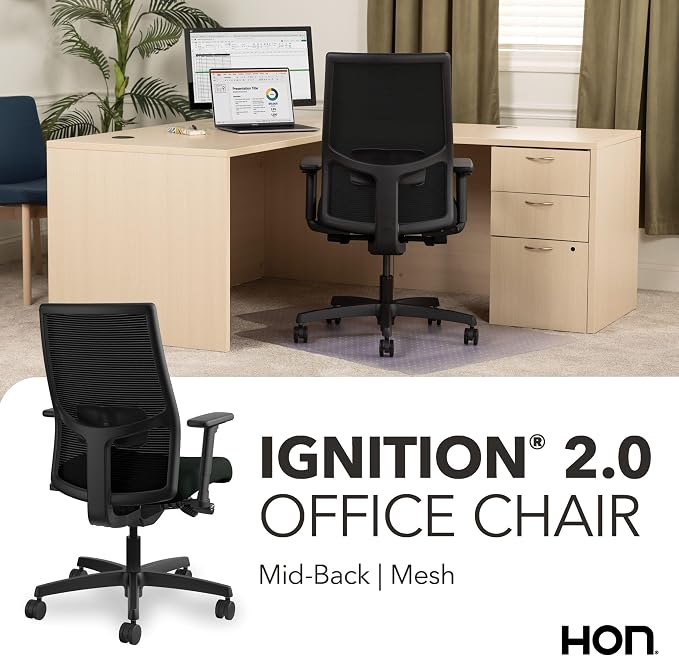 HON Ignition 2.0 Ergonomic Office Chair, Lumbar Support, Desk Chair, Black | Ergonomic office desk chair with lumbar support, adjustable arms, office decor, workstation comfort for focused productivity