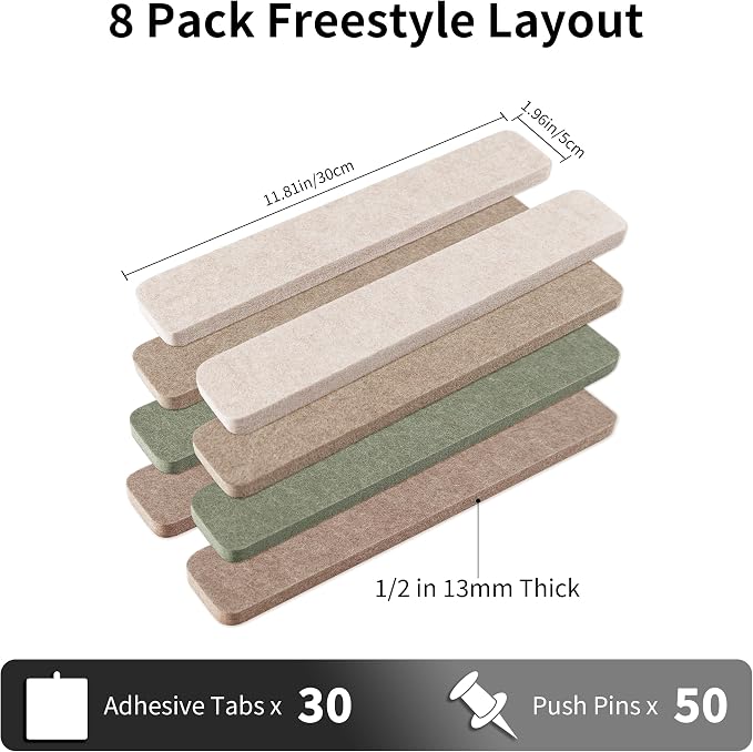Small Cork Board Strip for Office, 1/2'' Corkboard Strips for Walls | Self Adhesive, Peel and Stick, Frameless, Renter Friendly, Removable, Wall Decor, 1700g/m² Dense Felt, 12*2'', 8Pcs, 50 Pins
