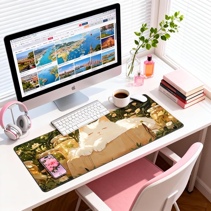 Cute Anime White Cat Gaming Mouse Pad, Forest Green Warm Healing Desk Mat with Anti-Slip Base & Stitched Edges, Computer Keyboard & Laptop Pad, 35.4" x 15.7" in in Workstation Accessories