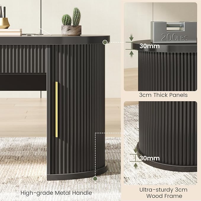 SEDETA 58.3" x 21.7" Fluted Office Executive Desk with 2 Drawers Storage | Black Long Computer Desk with 2 Sliding Doors Shelves and Power Strip, Wood Curve Desk for Work, Writing, Study