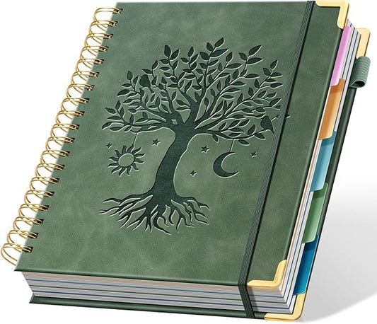 Hardcover Spiral Notebook 8" x 10" with 5 Removable Dividers 300 Pages Leather 5 Subject Notebook College Ruled 100GSM Large Spiral Notebooks for Work Thick Lined Journal for Women, Green