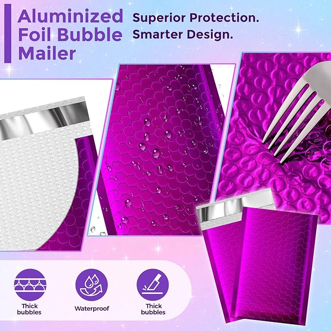 Fuxury Foil Bubble Mailers 4x8" 50 Pack,Sturdy Padded Envelopes Usable Size 4x7",Strong Adhesion Bubble Shipping Envelopes,Thick Opaque Shipping Bags for Mailing Jewelry Makeup Gift Small Item Purple