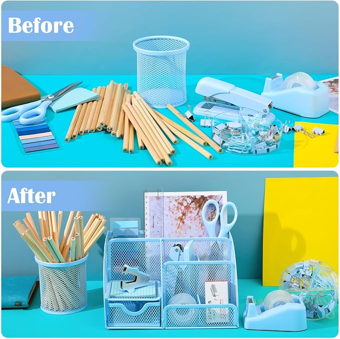 11 In 1 Blue Desk Organizer And Accessories, Light Blue Office Supplies Include Stapler, Tape Dispenser, Pen Holder, Staple Remover, Clips, Ruler, Scissors, Tapes, Tabs