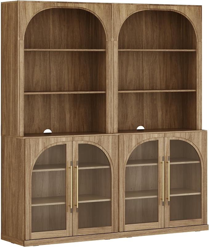 BELLEZE Glass Display Curio Cabinet Set of 2, 72" Tall Modern Wood 6-Tier Shelf Storage with Sturdy Aluminum Handle, Bookshelf Bookcase for Office, Living Room, Camel