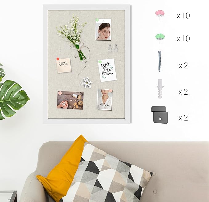 Board2by White Cork Board Bulletin Board with Linen, Wood Framed 24" x 18" Corkboard, Office Board for Wall Decor, Wall Mounted Pin Board Picture Board with 20 Pushpins for School, Home & Office