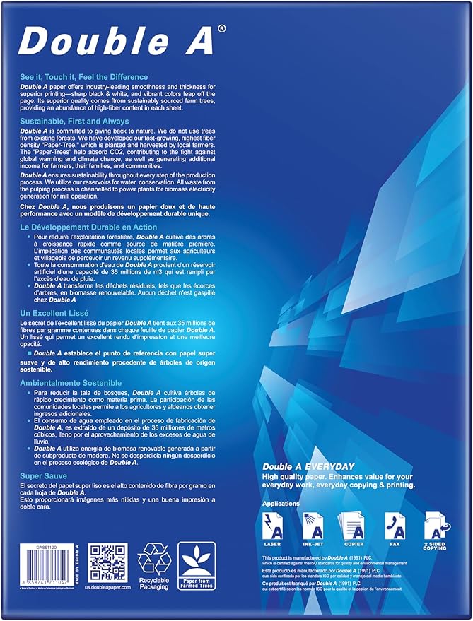 Double A Everyday Copy & Multipurpose Paper, Letter Size 8.5" x 11", Bright White, Smooth Finish for Inkjet & Laser Printers, Acid‑Free, High‑Quality Color & Black/White Printing