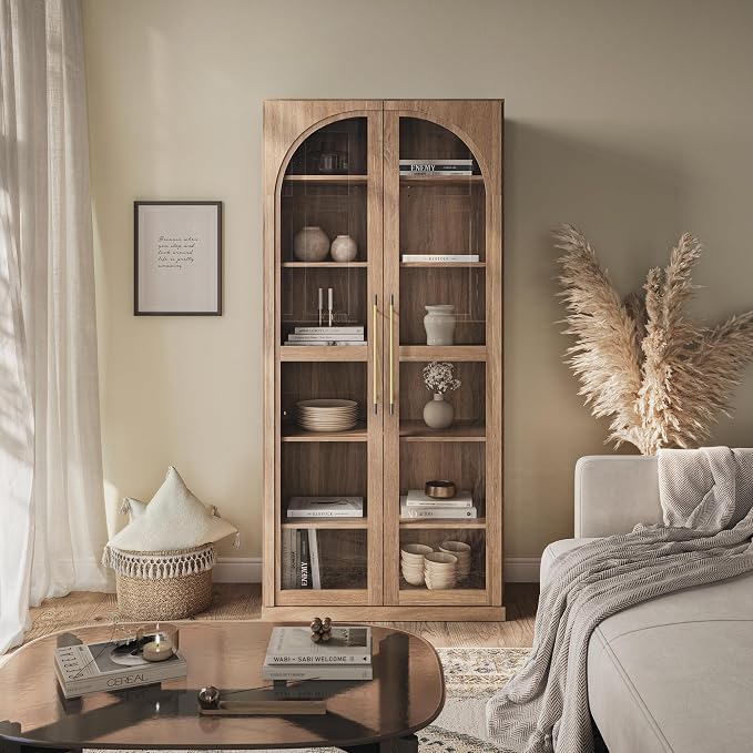 BELLEZE Modern Wood Wine Curio Cabinets with 4 Adjustable Shelves, 67" Storage Cabinet, 6 Shelf Glass Bookshelf Display Cabinet, Trophy Display Case for Living Room, Wine, Camel
