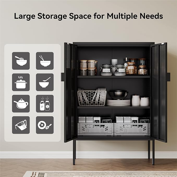 COFaR Black Metal Cabinet with Adjustable Shelves, 47”H Industrial Buffet Sideboard & Coffee Bar Station, Ventilated Steel Storage Cabinet with Magnetic Doors for Kitchen, Office, Living Room