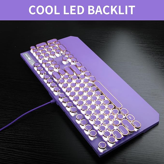 Camiysn Typewriter Style Mechanical Gaming Keyboard, Purple Retro Punk Gaming Keyboard with White Backlit, 104 Keys Blue Switch Wired Cute Keyboards, Round Keycaps for Windows/Mac/PC
