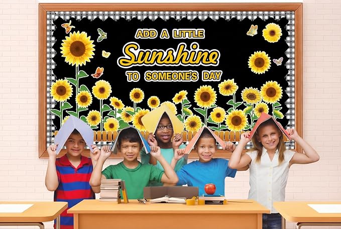 Summer Sunflower Bulletin Board Decorations Classroom Bulletin Board Border Motivational Cutouts with Butterflies & Fences – Classroom Cardstock Decor for Classroom Bulletin Board Border