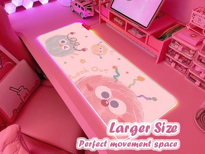 JMIYAV Pink RGB Gaming Mouse Pad 31.5x12 Inch Cute Mousepad PC XL Large Extended Glowing Led Light Up Desk Pad Non-Slip Rubber Base Computer Mat Desk Accessories Gaming Setup Happy Fuzzies