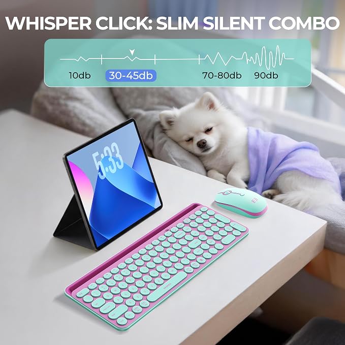 seenda CTU-301 Bluetooth Keyboard and Mouse Combo for iPad,Green&Pink | Bluetooth+2.4G combo with tablet holder, full-size keys and quiet clicks for iPad, iPhone, Mac, Windows and Android.