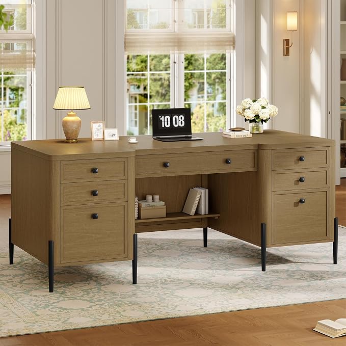63" W x 27.6" D Executive Desk with 2 Cabinets & 6 Drawers, Farmhouse Home Office Desks with Keyboard Tray, Large Boss Desk with Privacy Panel, Modern Table with File Drawer