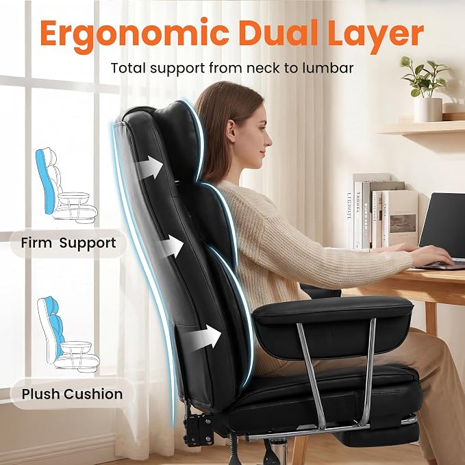 NEO CHAIR Big & Tall Leather Office Chair, High Back, Lumbar Support, Black | Gaming Chair for Adults and Computer Use, Reclining Office Chair with Foot Rest, Massage, Comfy Design and Heavy Duty Support