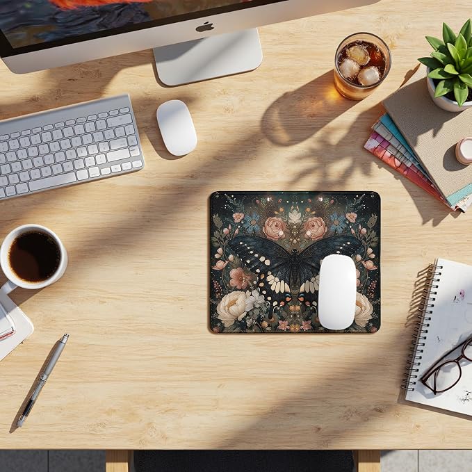 Vintage Moody Floral Butterfly Mouse Pad, Dark Academia Cottagecore Botanical Moth Mousepad for Home Office Dorm Computers Laptop,Aesthetic Gothic Office Supplies Desk Accessories, 9.5x7.9 Inch
