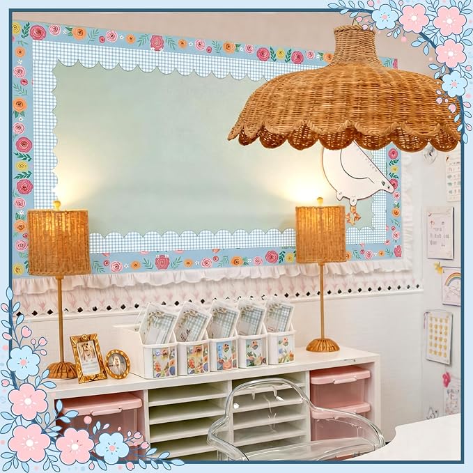 Gilprop 100 ft Back to School Bulletin Board Border Wildflower Blue Gingham | Pastel Classroom Decorations, Floral Checkered Scalloped, Preschool Kindergarten Office Teacher Supply, Wall Decor